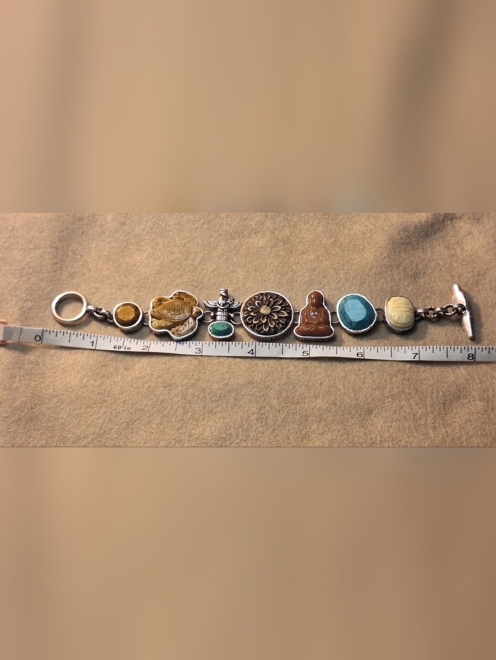 Artisan Multi-Stone Charm Bracelet - Chunky Scarabs, Toggle Clasp. Silvertone 8" - Picture 6 of 7